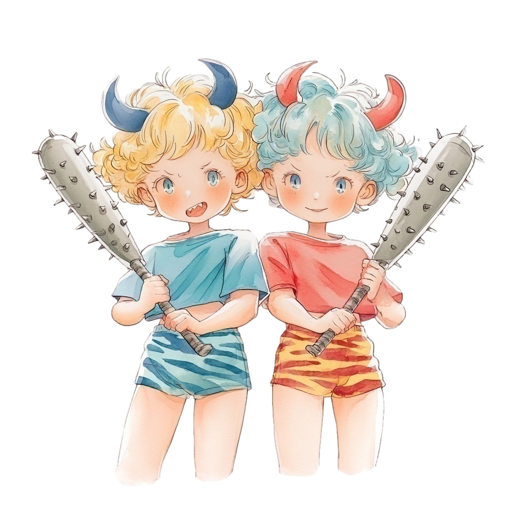 金棒を持ってにやりと笑っている虎柄のショートパンツを履いた二人の鬼の女の子の背景透過水彩イラスト