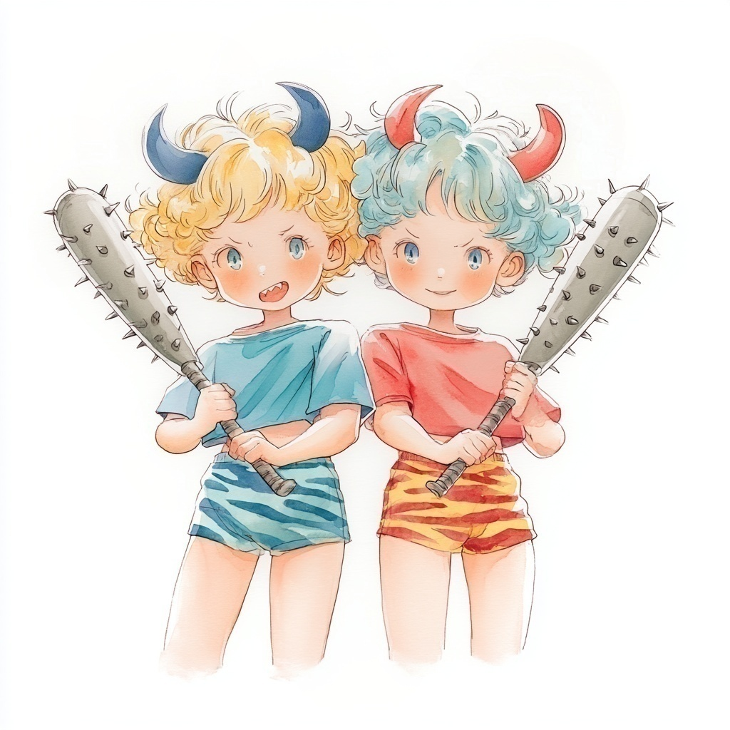 金棒を持ってにやりと笑っている虎柄のショートパンツを履いた二人の鬼の女の子の水彩イラスト