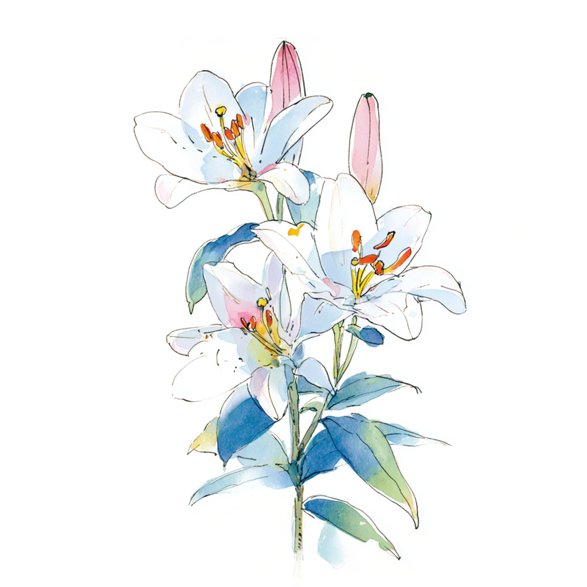 白いユリの花の水彩イラスト