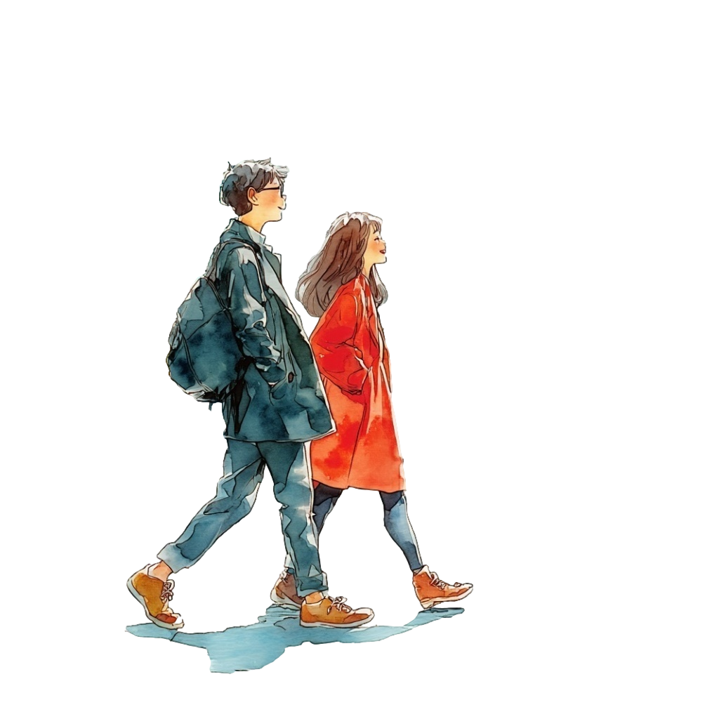 街中を歩いている赤いコートの女性と黒コートの男性の背景透過水彩イラスト