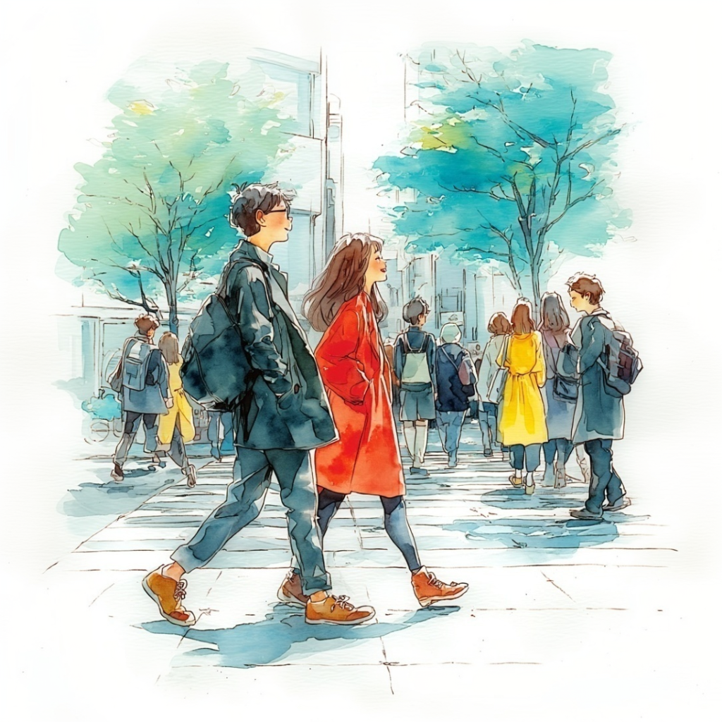 街中を歩いている赤いコートの女性と黒コートの男性の水彩イラスト