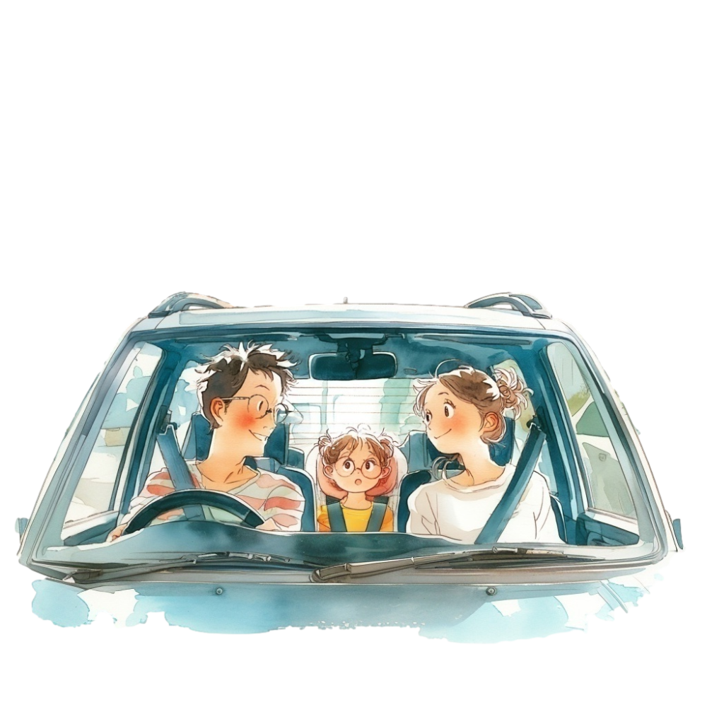 車に乗っている両親と小さな娘の背景透過水彩イラスト