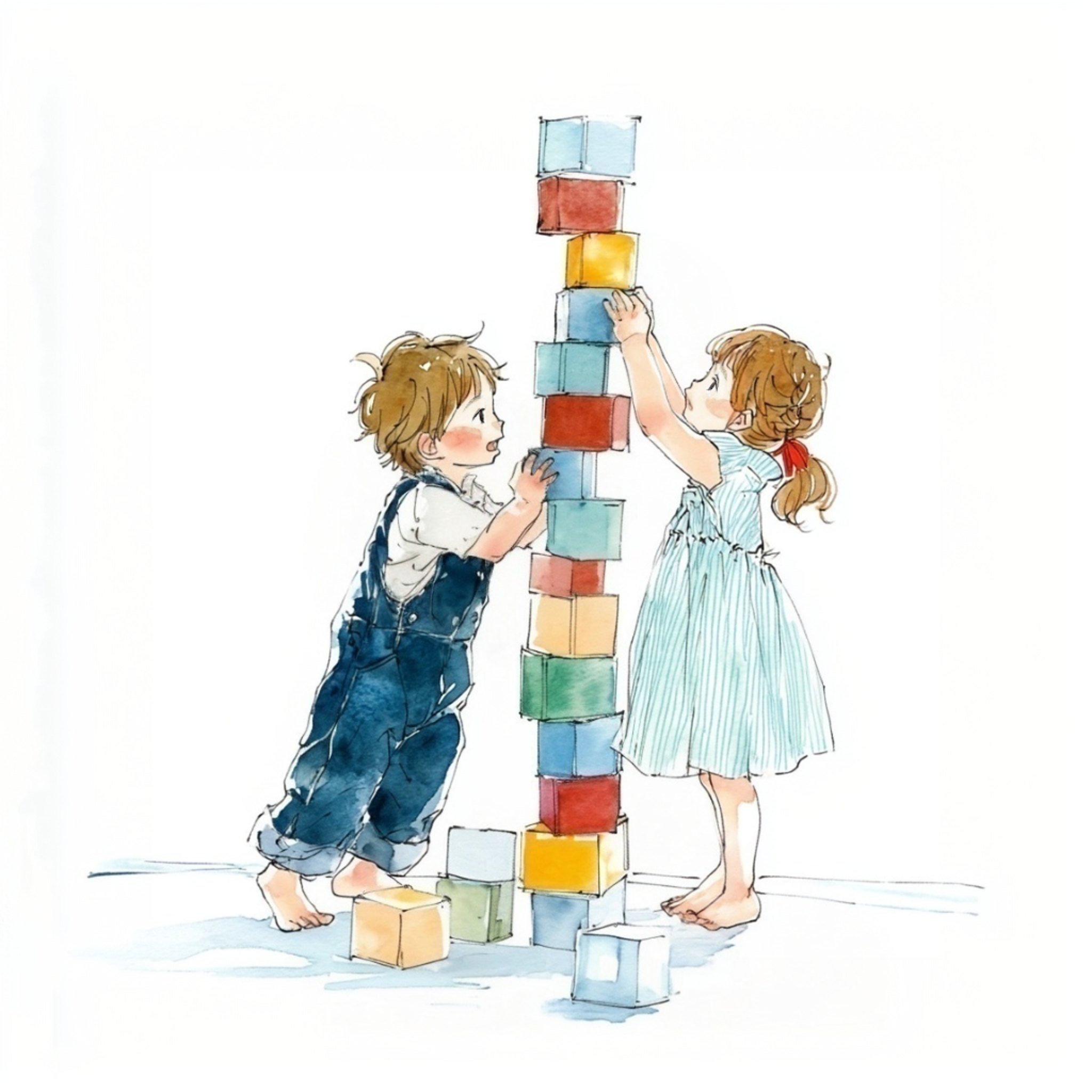積み木を高く積み上げて遊んでいる男の子と女の子の水彩イラスト