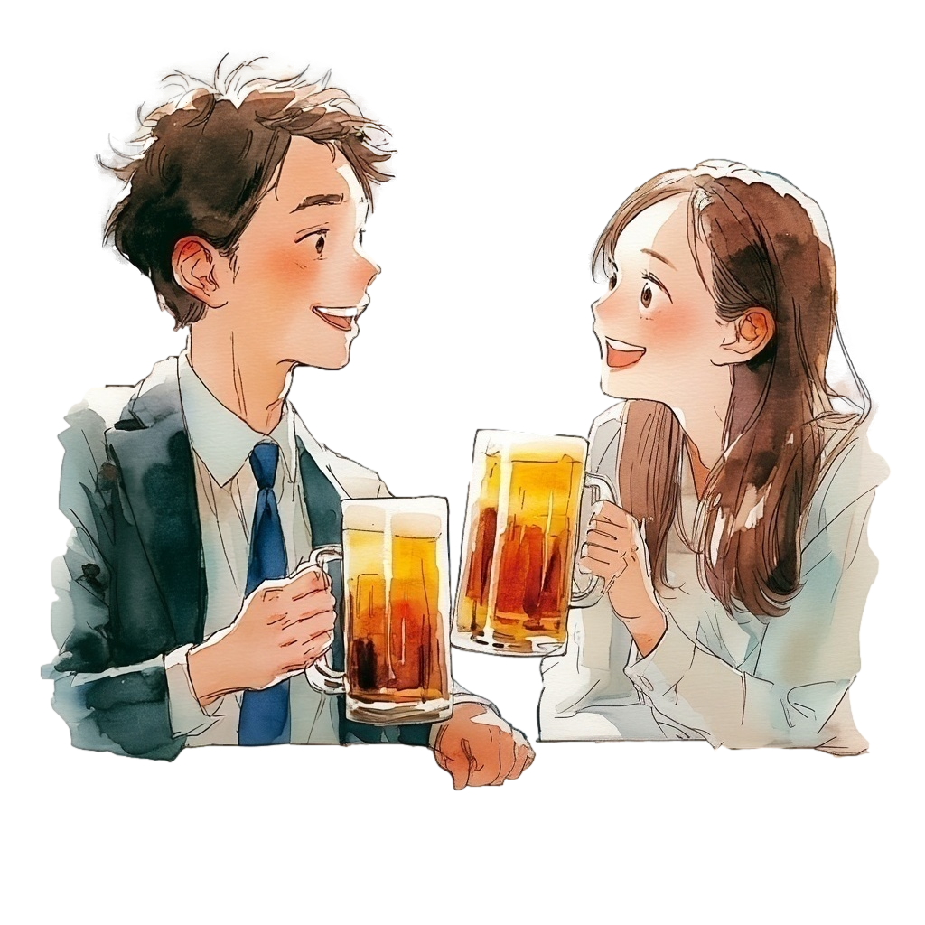 ビールジョッキで乾杯しているスーツを着ている男性とブラウスを着ている女性の背景透過水彩イラスト