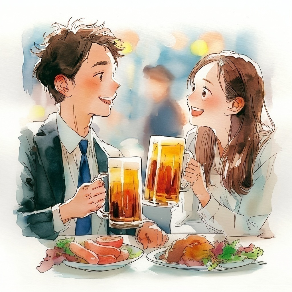 ビールジョッキで乾杯しているスーツを着ている男性とブラウスを着ている女性の水彩イラスト