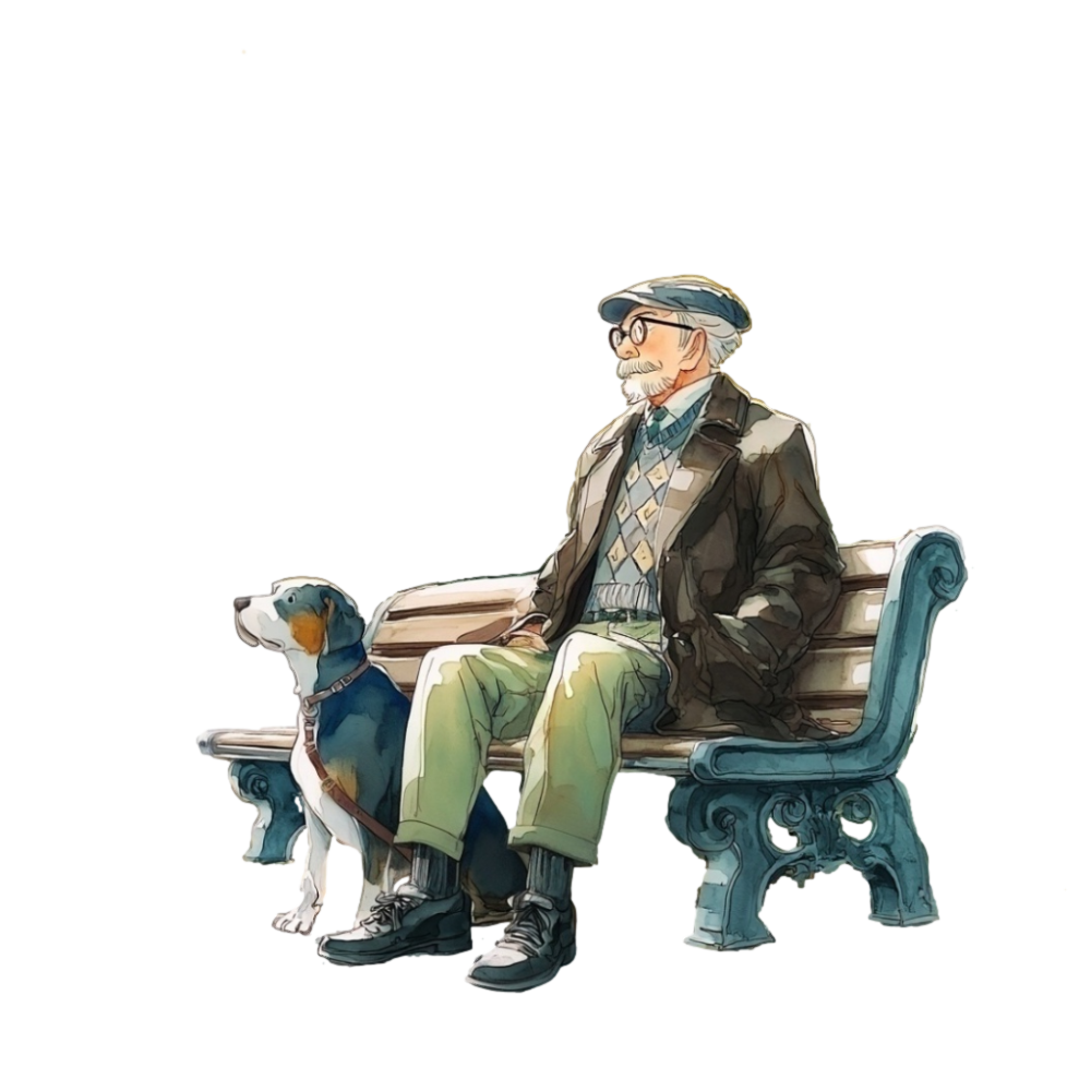 紅葉が散る秋の公園のベンチに座る高齢の男性と大型犬の背景透過水彩イラスト