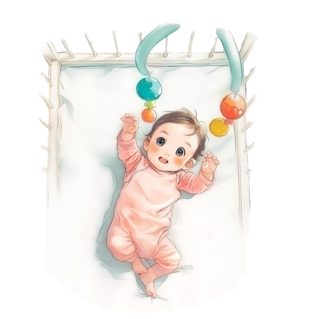 ベビーベッドに仰向けになりベッドメリーに手を伸ばしているピンクのロンパースを着た赤ちゃんの背景透過水彩イラスト