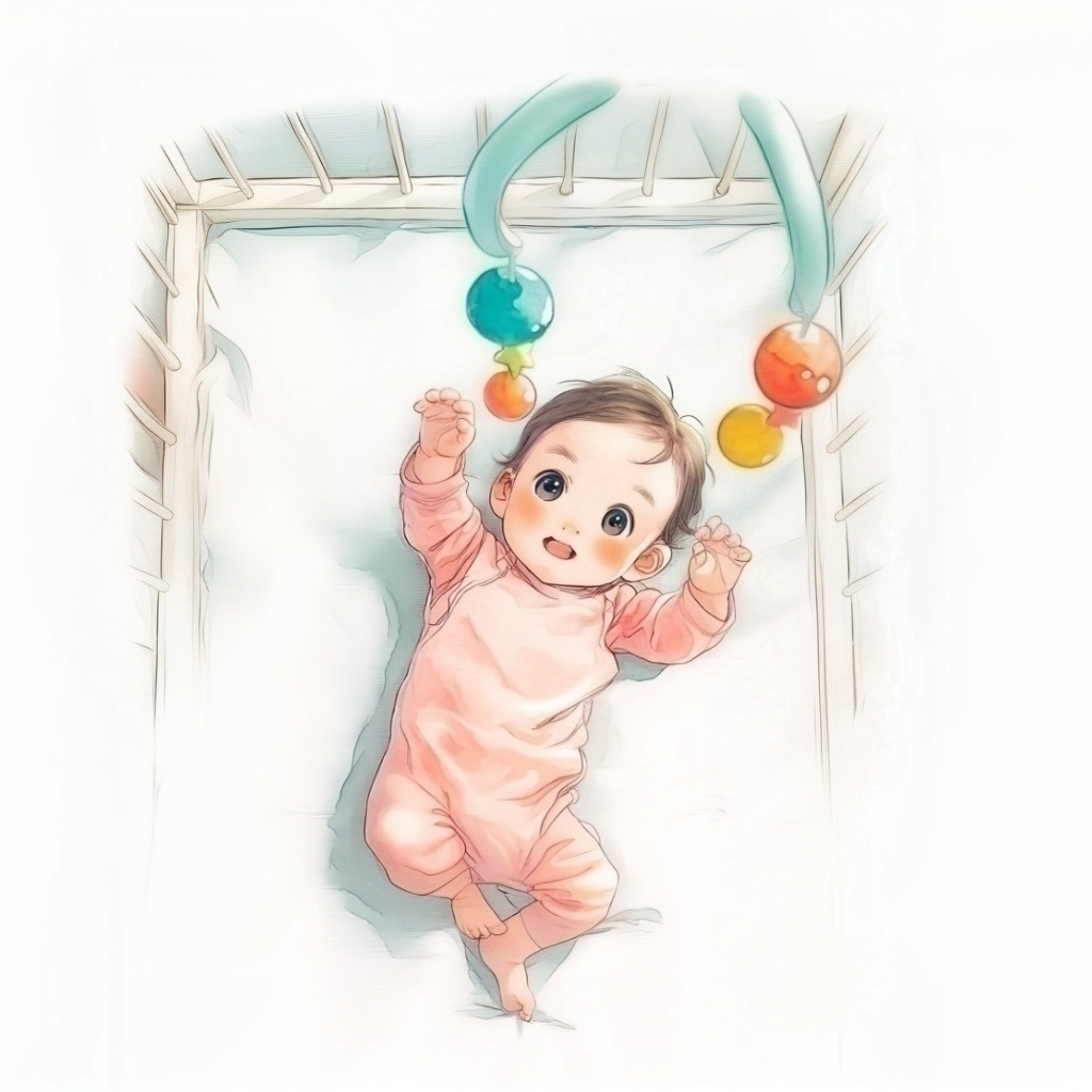 ベビーベッドに仰向けになりベッドメリーに手を伸ばしているピンクのロンパースを着た赤ちゃんの水彩イラスト