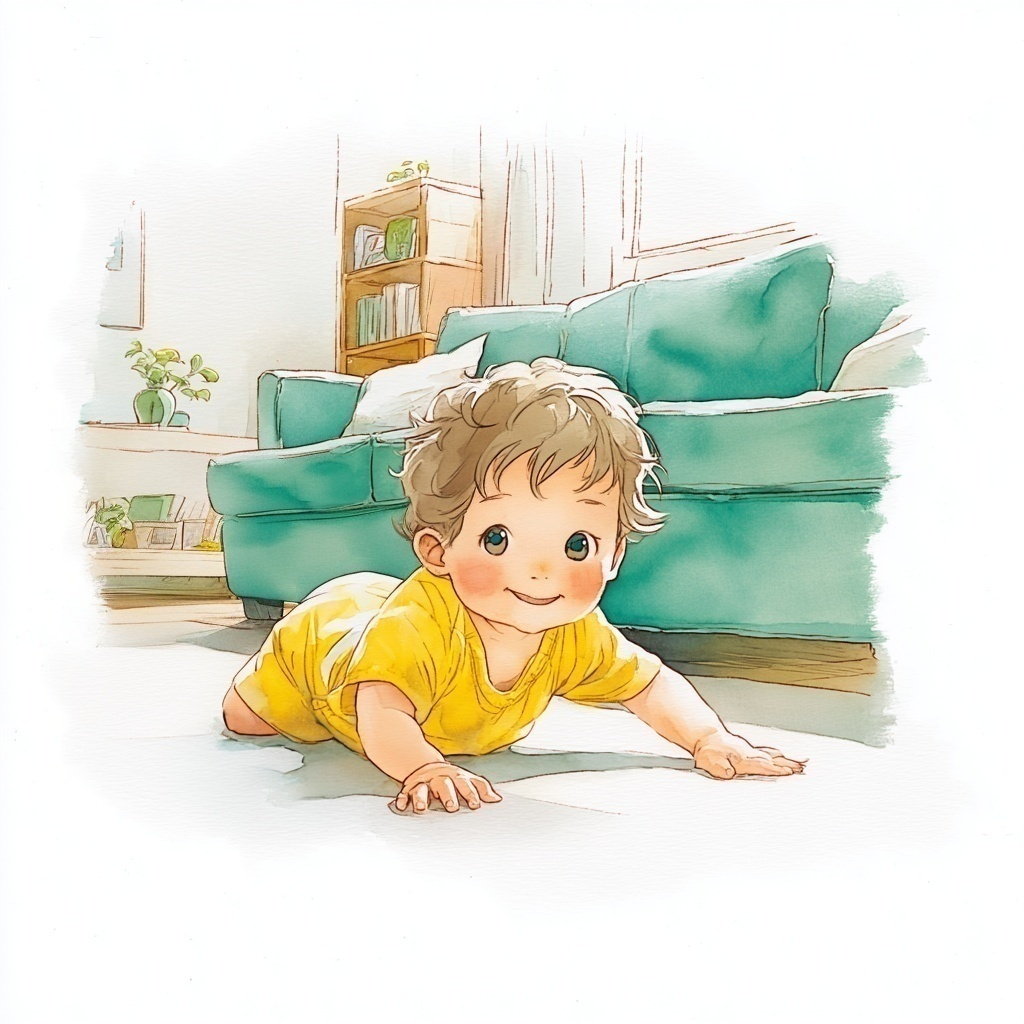 黄色いロンパースを着た赤ちゃんが緑のソファがあるリビングでハイハイしている水彩イラスト