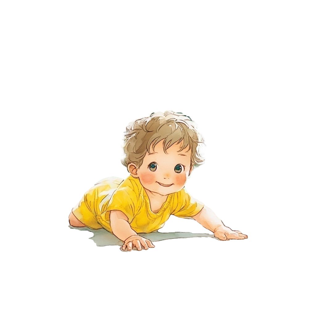 黄色いロンパースを着た赤ちゃんが緑のソファがあるリビングでハイハイしている背景透過水彩イラスト