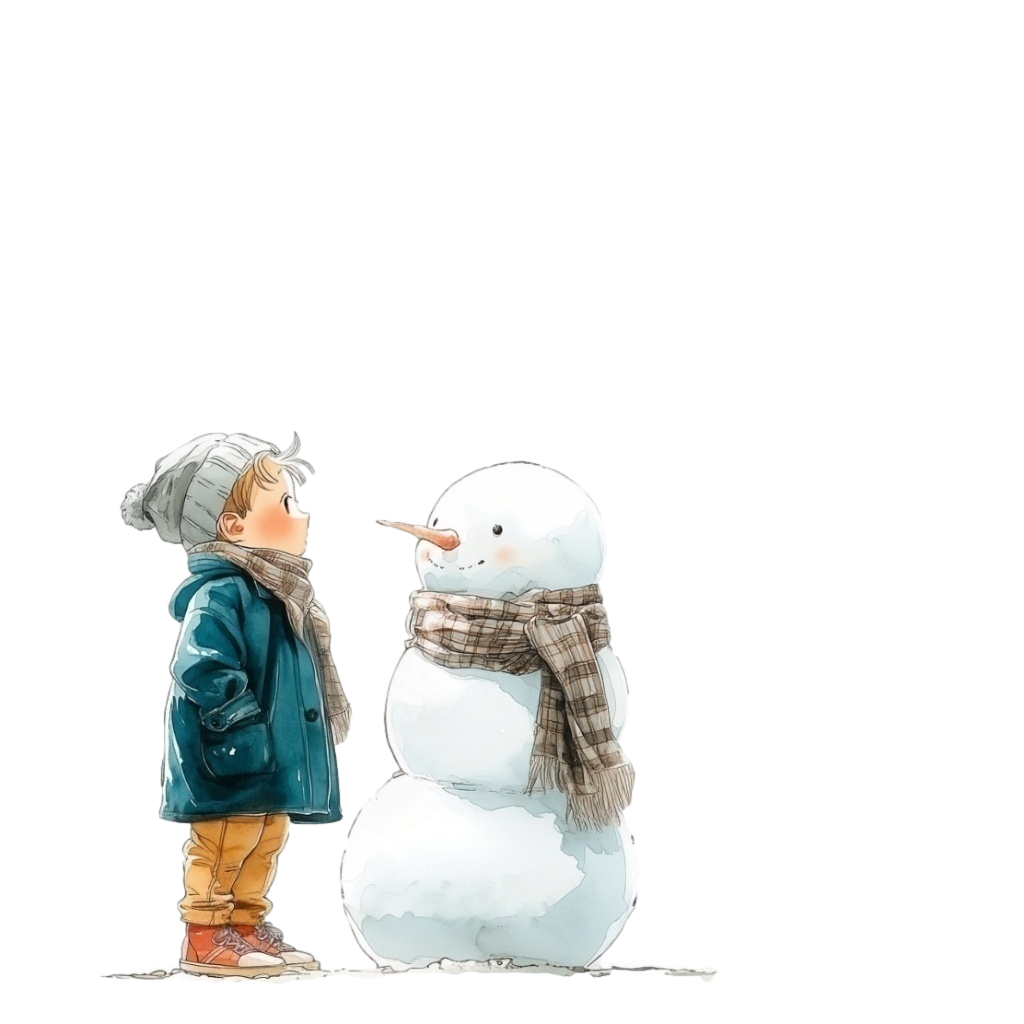 背景透過：雪の森の中の雪だるまと男の子の水彩イラスト