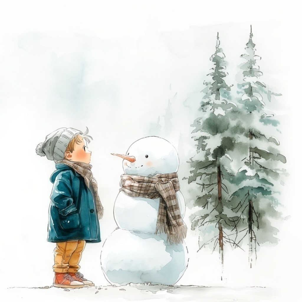 雪の森の中にいるお揃いの茶色いチェック柄のマフラーをしている小さな男の子と同じくらいの背丈の雪だるまの水彩イラスト