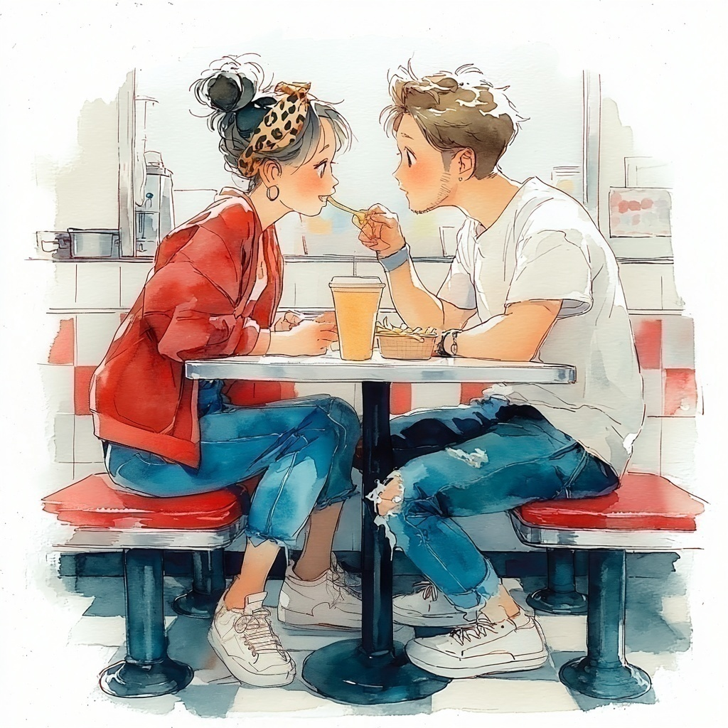 赤いタイルが印象的なダイナーで彼女にフライドポテトを食べさせてあげている彼氏の水彩イラスト