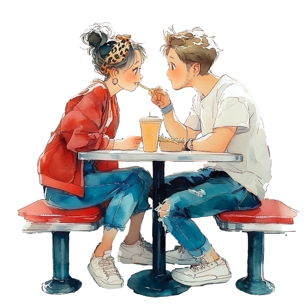 彼女にフライドポテトを食べさせてあげている彼氏の背景透過水彩イラスト