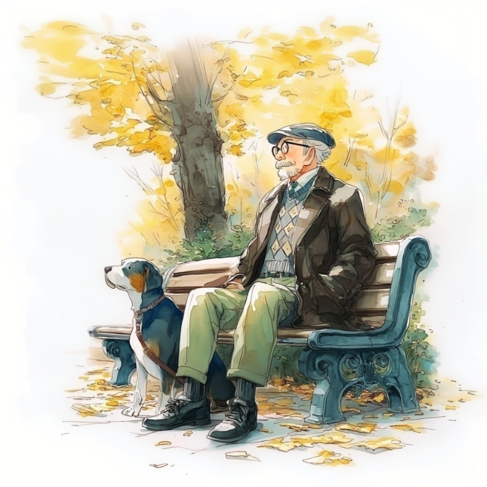 紅葉が散る秋の公園のベンチに座る高齢の男性と大型犬の水彩イラスト