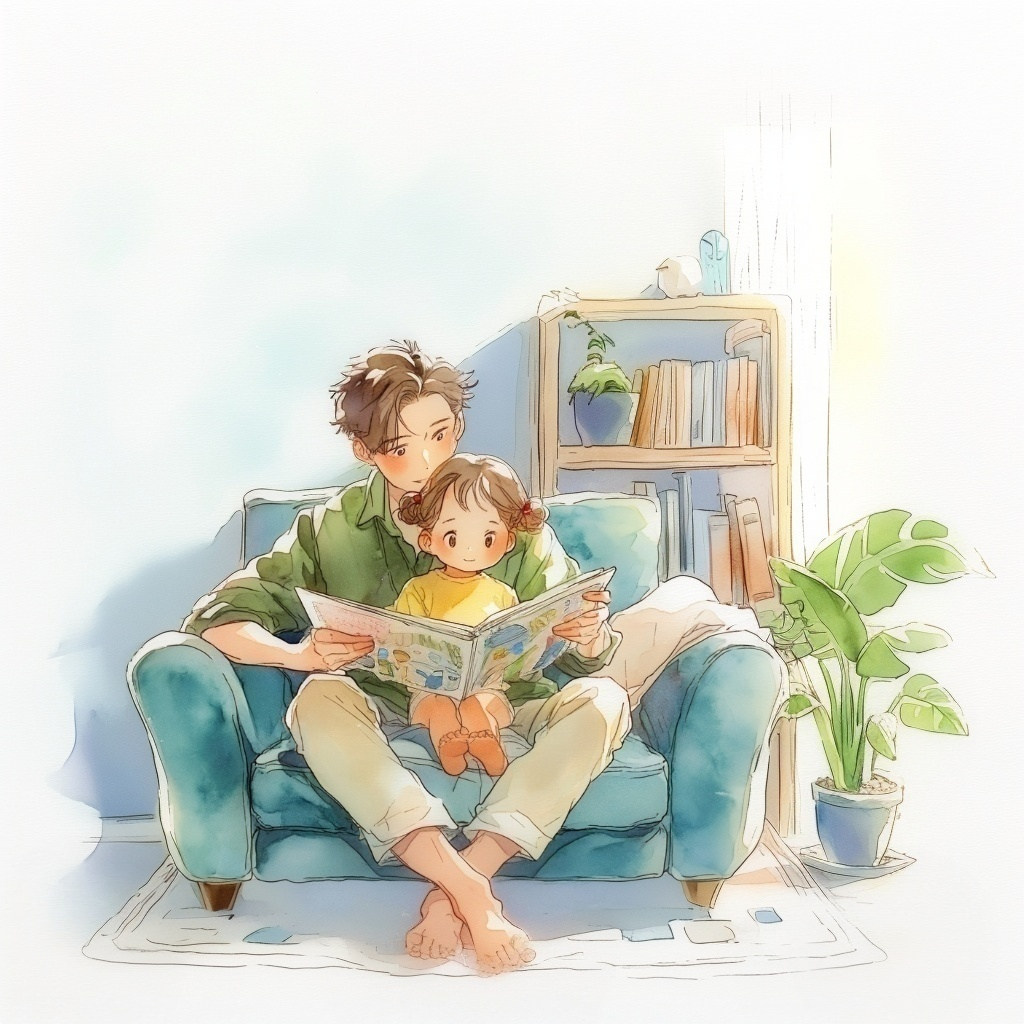娘を自分の足の間に座らせてリビングのソファで絵本を読んであげる父親の水彩イラスト