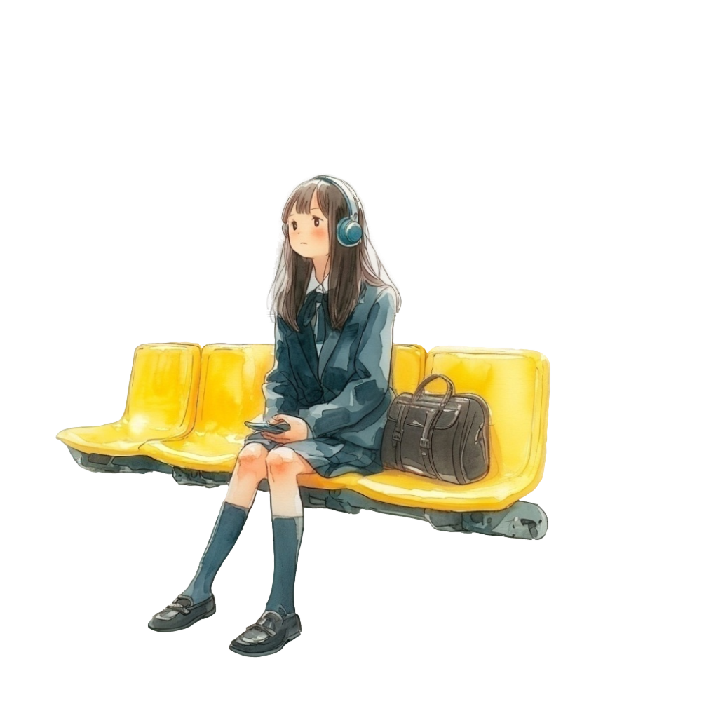 黄色いベンチに座ってヘッドフォンで音楽を聴いている女子高生の背景透過水彩イラスト
