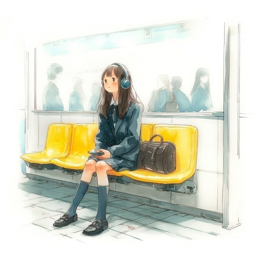 駅のホームの黄色いベンチに座ってヘッドフォンで音楽を聴いている女子高生の水彩イラスト