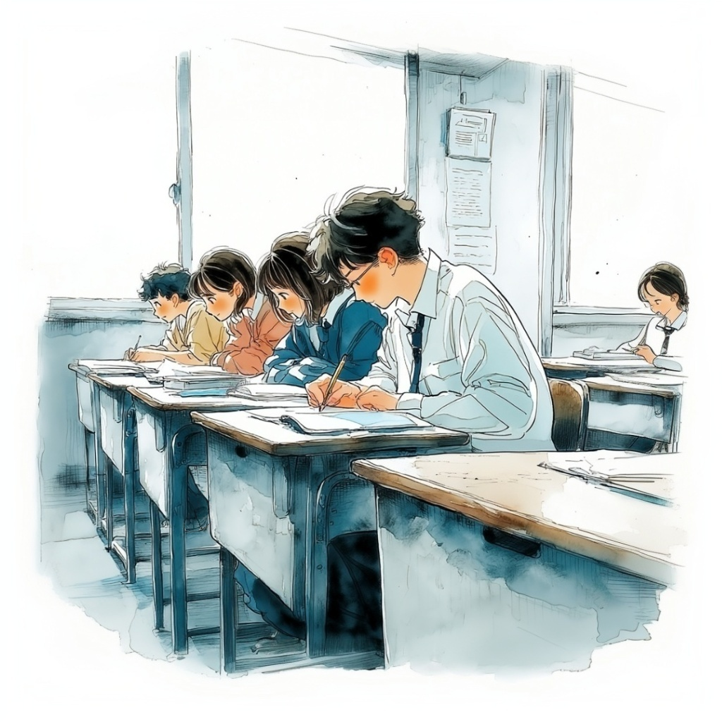 教室の机で勉強している高校生たちの水彩イラスト