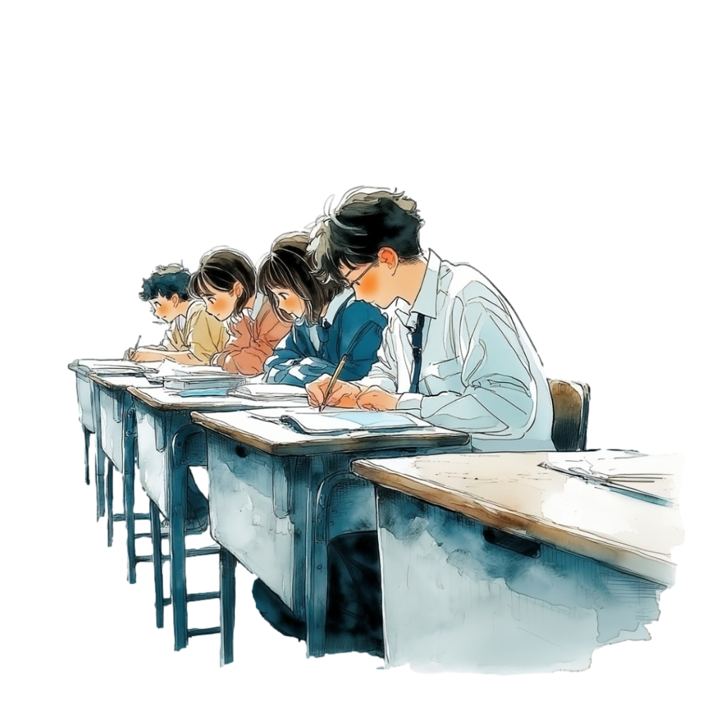 教室の机で勉強している高校生たちの背景透過水彩イラスト