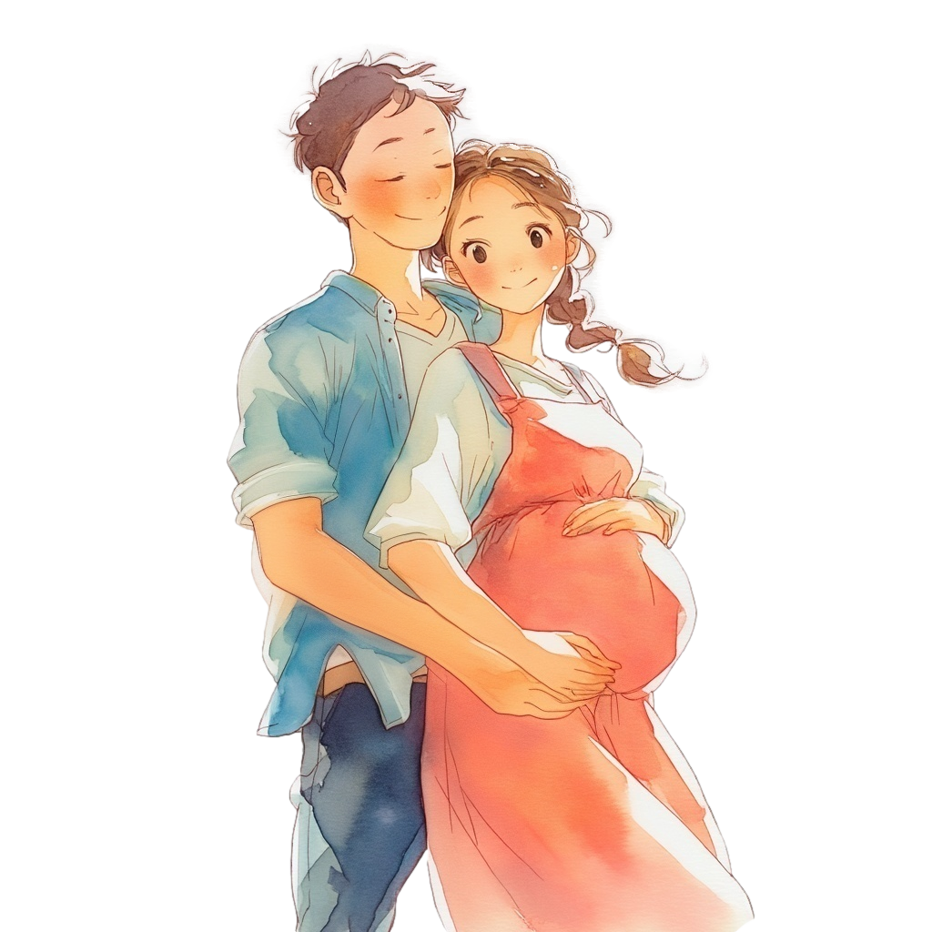 赤いジャンパースカートを着た妊婦さんを後ろから抱きしめている青いシャツを着た夫の背景透過水彩イラスト