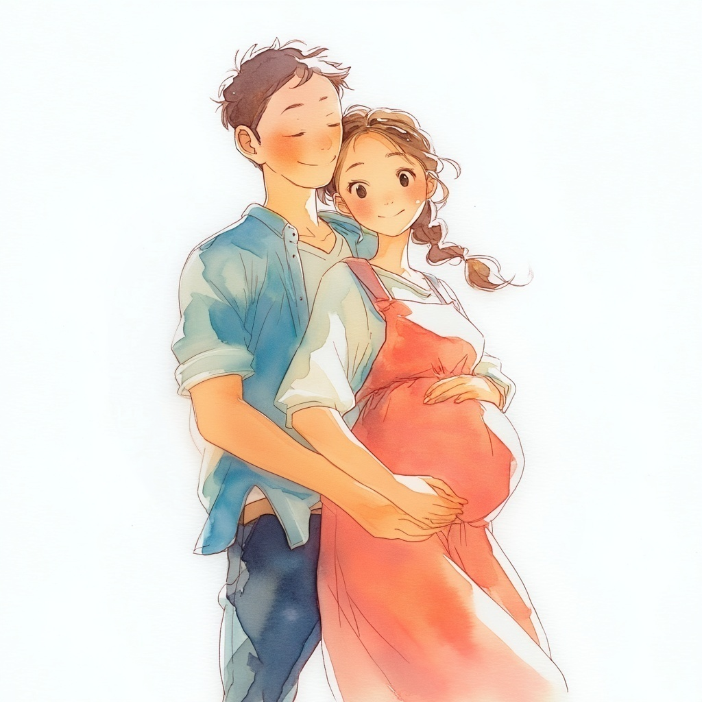 赤いジャンパースカートを着た妊婦さんを後ろから抱きしめている青いシャツを着た夫の水彩イラスト