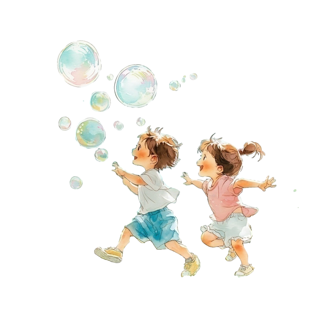 楽しそうにシャボン玉を追いかけている小さな白いTシャツを着た男の子とピンクのTシャツを着た女の子の背景透過水彩イラスト