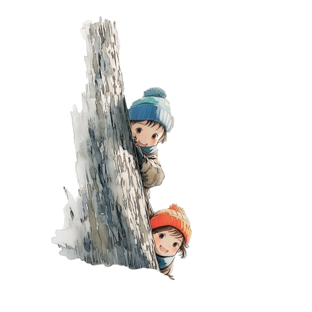 水彩で描いた雪の中の木の後ろからのぞいている水色のニット帽をかぶった小さな男の子とオレンジ色のニット帽をかぶった小さな女の子の背景透過イラスト