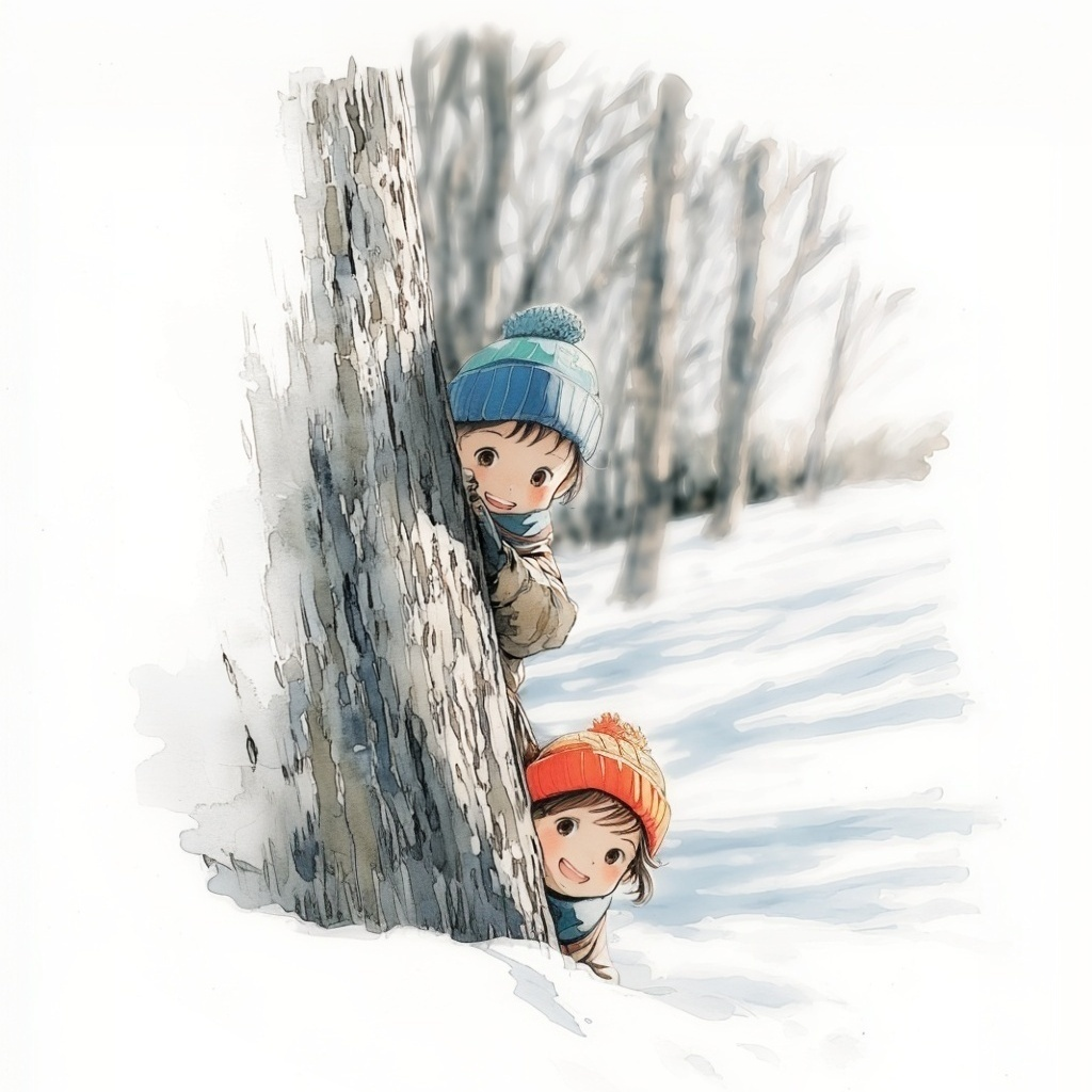 雪の中の木の後ろからのぞいている水色のニット帽をかぶった小さな男の子とオレンジ色のニット帽をかぶった小さな女の子の水彩イラスト