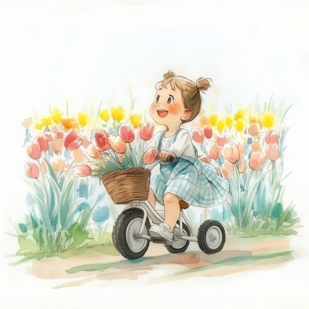水色のギンガムチェックのワンピースを着た小さな女の子がたくさんのチューリップがかごに積まれた三輪車に乗ってチューリップ畑を走っている水彩イラスト