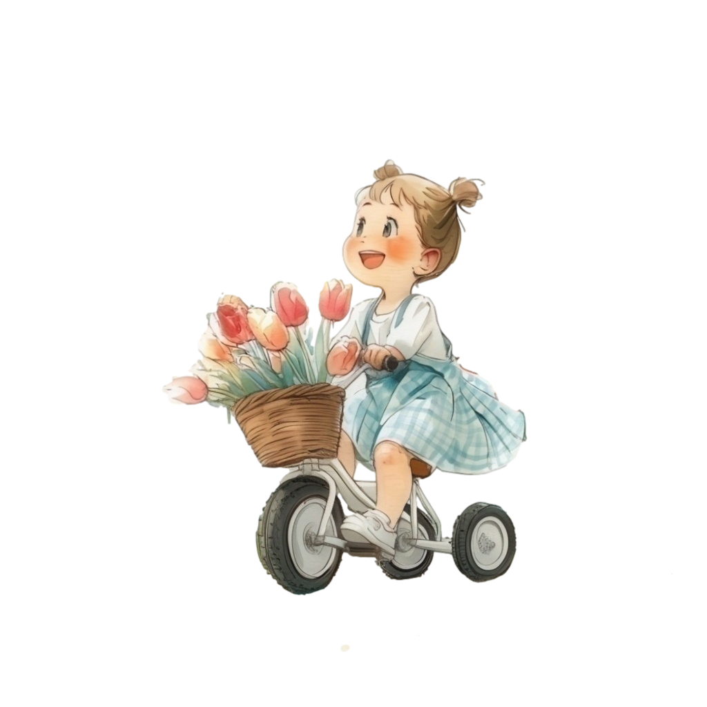 水色のギンガムチェックのワンピースを着た小さな女の子がたくさんのチューリップがかごに積まれた三輪車に乗っている水彩イラスト