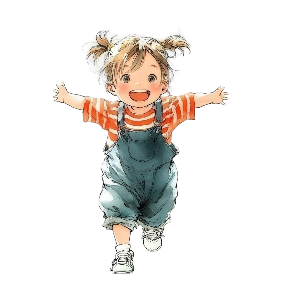 水彩で描いた両手を広げて走ってくる赤と白のボーダーのTシャツとデニムのオーバーオールを着ている二つぐくりの小さな女の子の背景透過イラスト