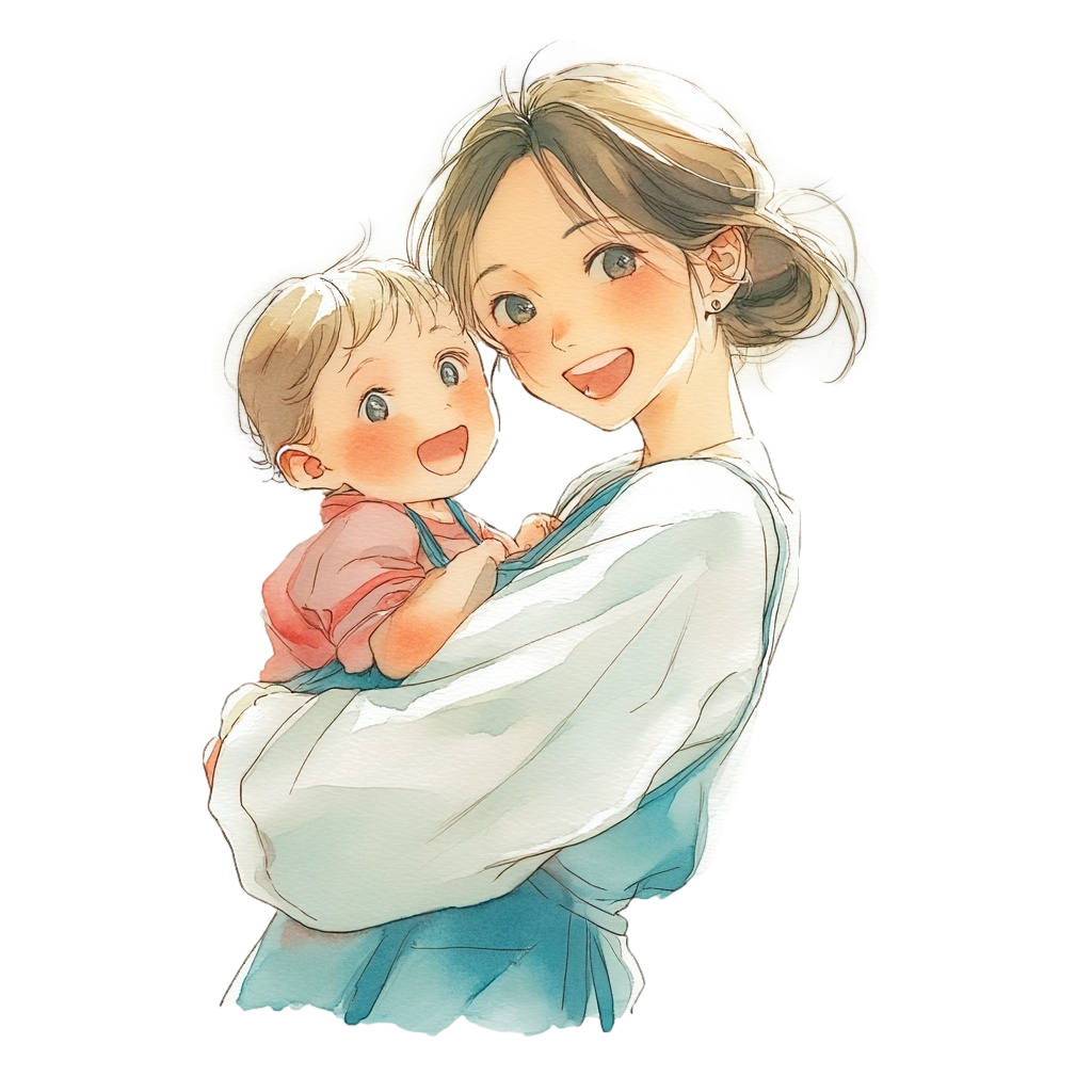ピンクの服を着ている子どもを抱っこしているデニムのジャンパースカートを着ている母親の背景透過水彩イラスト