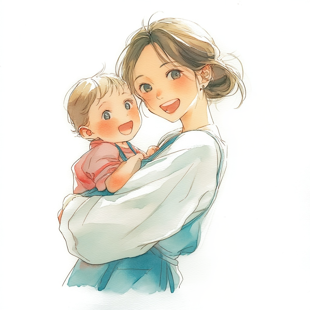 ピンクの服を着ている子どもを抱っこしているデニムのジャンパースカートを着ている母親の水彩イラスト