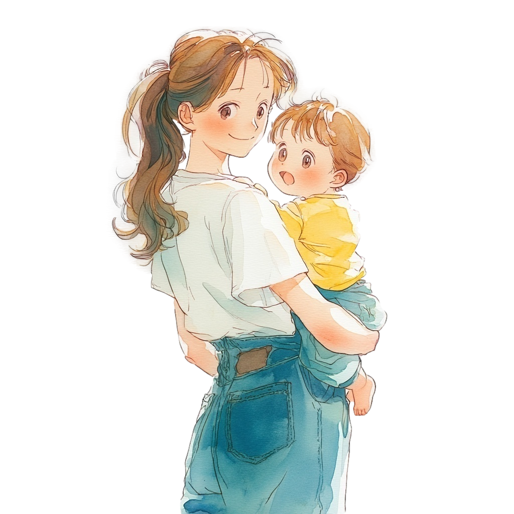 黄色い服を着ている子どもを抱っこしている白いTシャツとジーンズを着ている母親の背景透過水彩イラスト