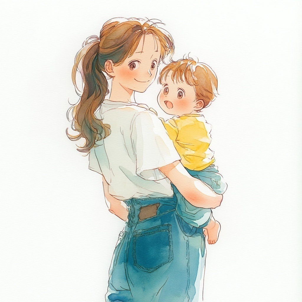 黄色い服を着ている子どもを抱っこしている白いTシャツとジーンズを着ている母親の水彩イラスト