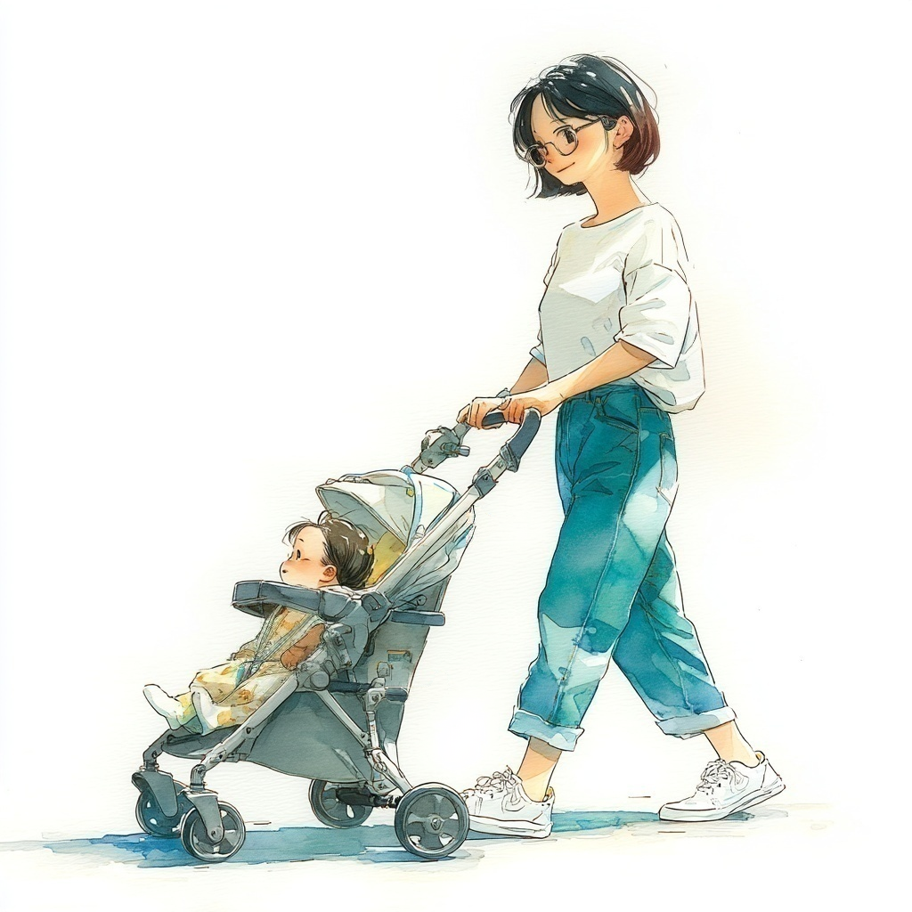 赤ちゃんの乗ったベビーカーを押しているTシャツとジーンズを着たボブヘアの母親の水彩イラスト
