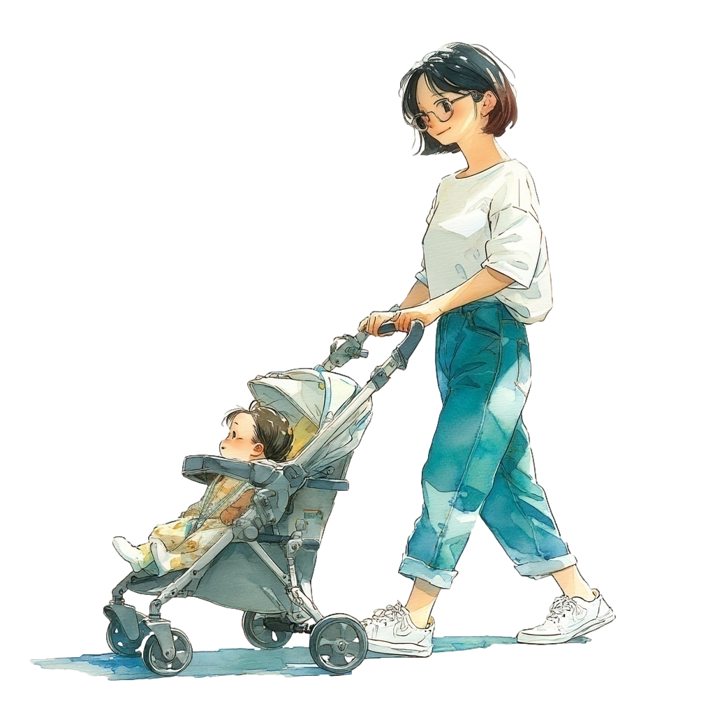 赤ちゃんの乗ったベビーカーを押しているTシャツとジーンズを着たボブヘアの母親の背景透過水彩イラスト