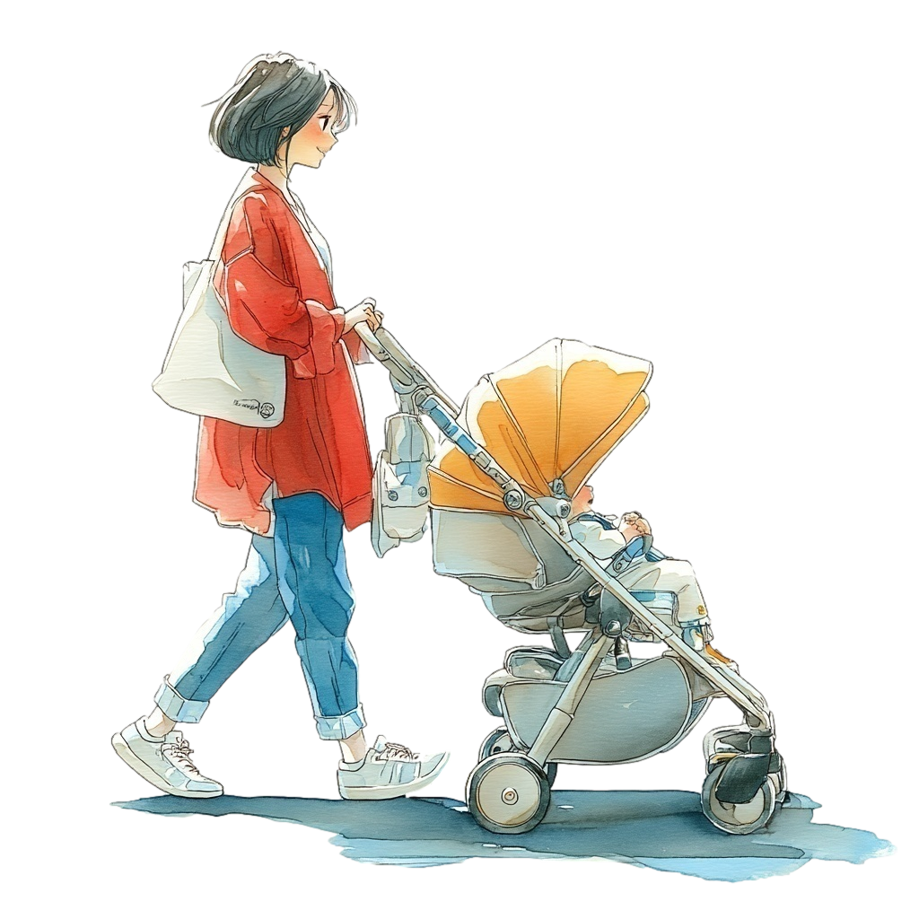 赤ちゃんの乗った黄色いベビーカーを押している赤いカーディガンととジーンズを着たボブヘアの母親の背景透過イラスト