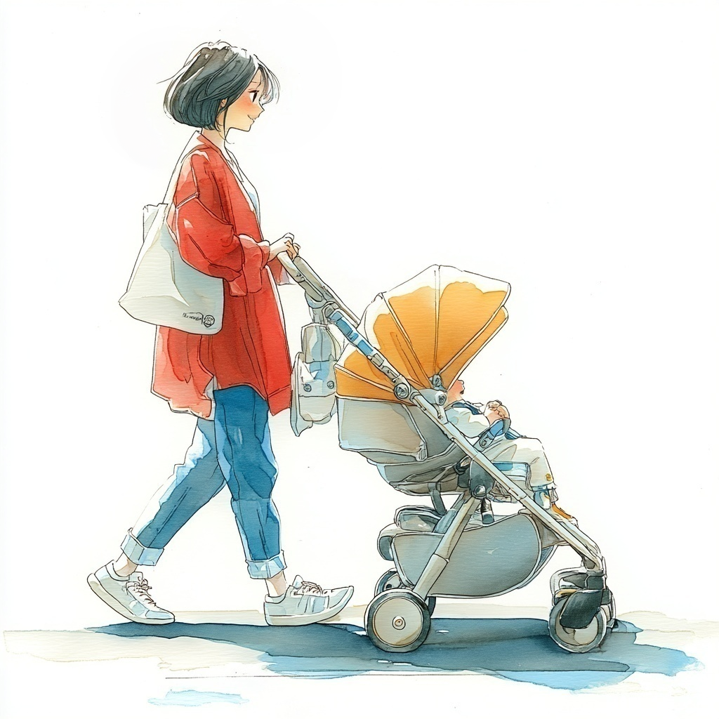 赤ちゃんの乗った黄色いベビーカーを押している赤いカーディガンととジーンズを着たボブヘアの母親の水彩イラスト
