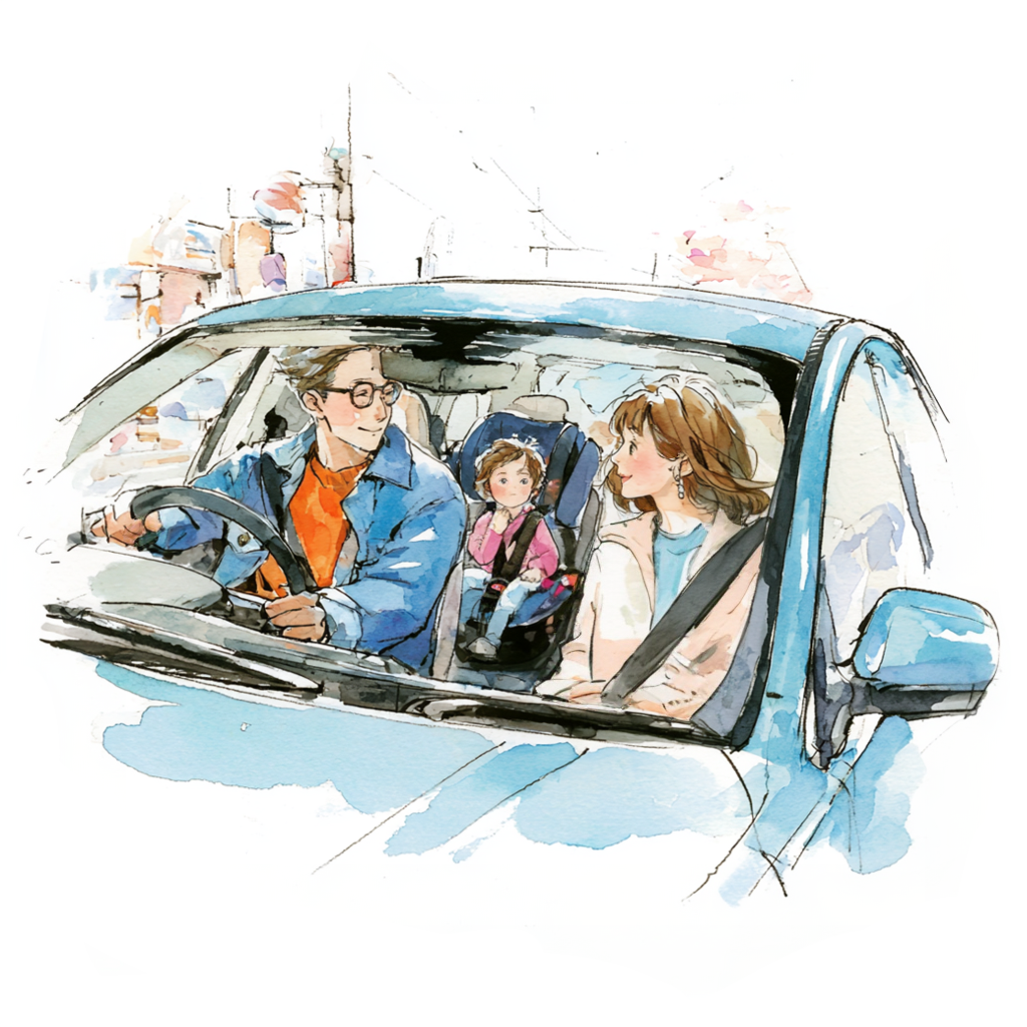 車に乗っている夫婦と小さな娘の水彩イラスト
