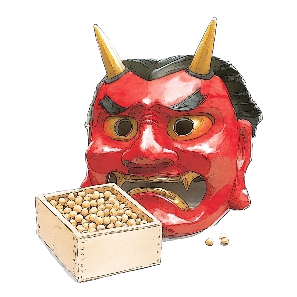 木の升に入った煎り大豆と赤鬼の面の背景透過水彩イラスト