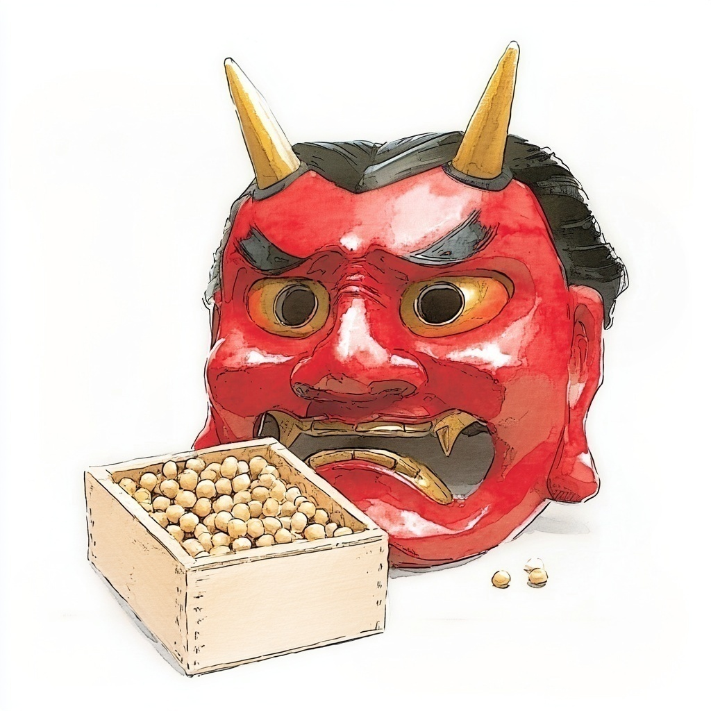 木の升に入った乾燥大豆と赤鬼の面の水彩イラスト