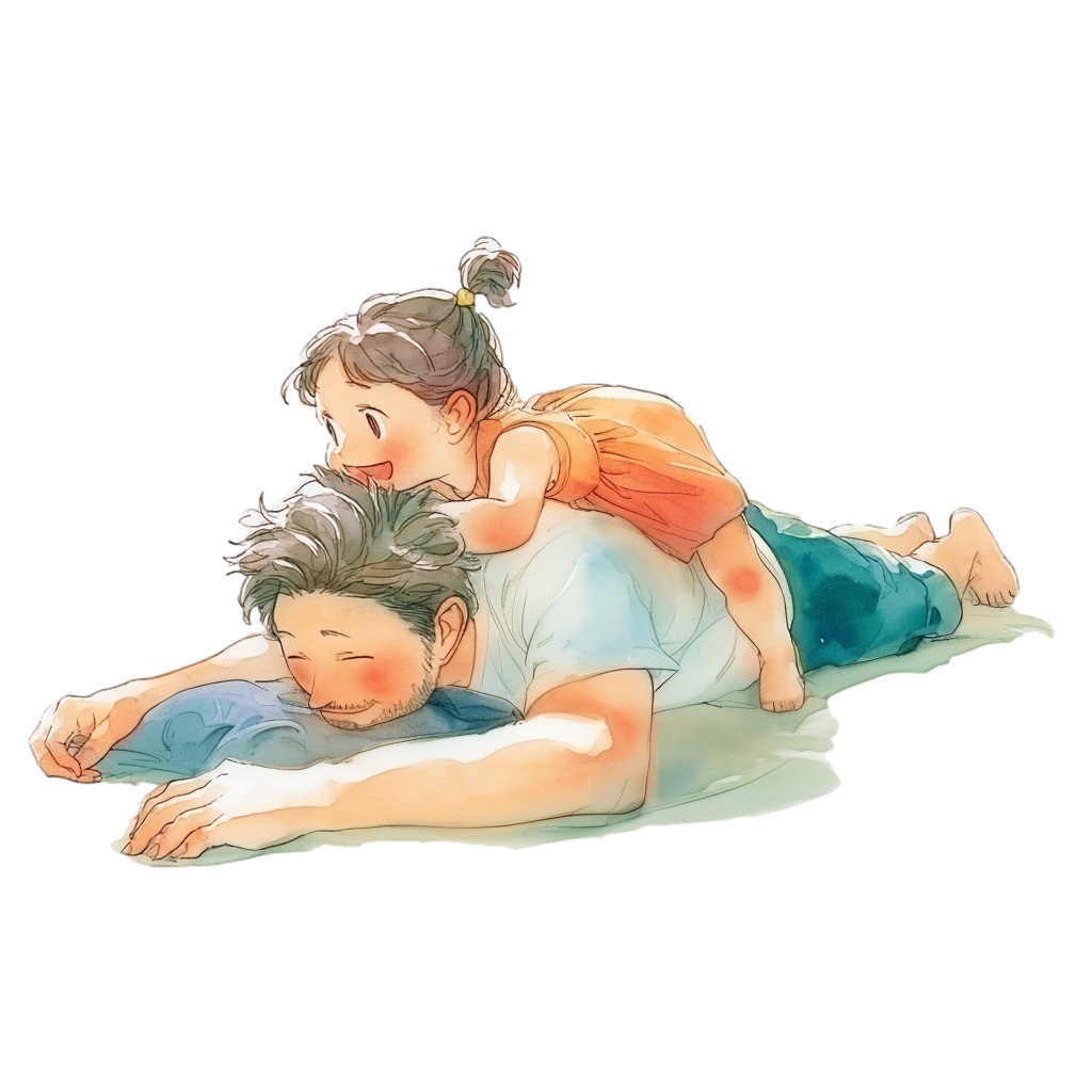 うつぶせになっている父親の背中に乗ってじゃれているオレンジのワンピースを着た小さな女の子の背景透過水彩イラスト