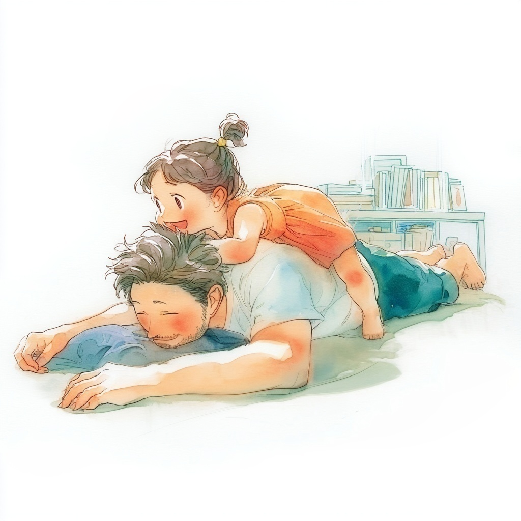 リビングでうつぶせになっている父親の背中に乗ってじゃれているオレンジのワンピースを着た小さな女の子の水彩イラスト