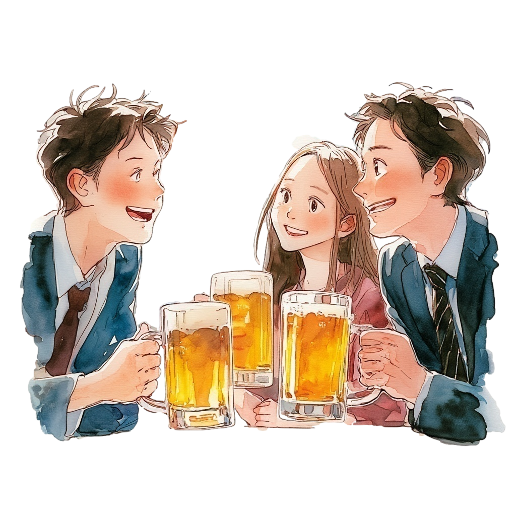 スーツ姿の男性二人とロングヘアの女性が仕事終わりにビールジョッキで乾杯している背景透過水彩イラスト