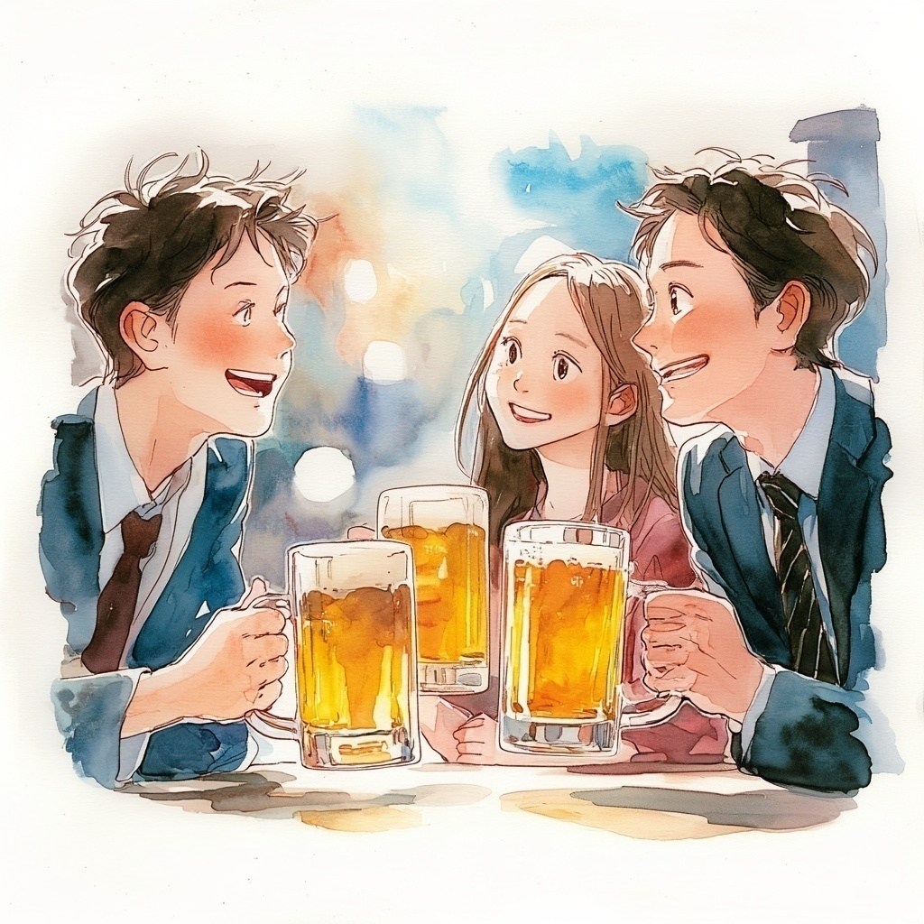 スーツ姿の男性二人とロングヘアの女性が仕事終わりにビールジョッキで乾杯している水彩イラスト