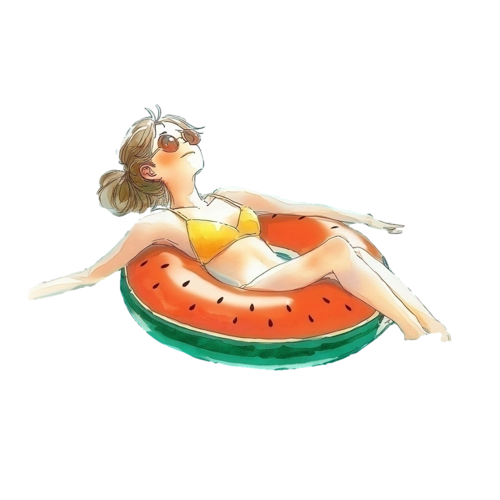 スイカ柄の浮き輪に寝そべって水に浮いている黄色いビキニの女性の背景透過水彩イラスト