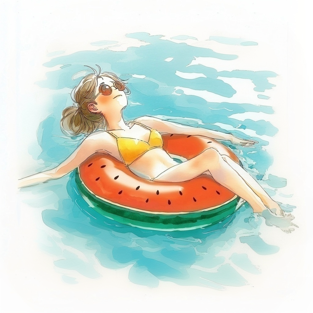 スイカ柄の浮き輪に寝そべって水に浮いている黄色いビキニの女性の水彩イラスト
