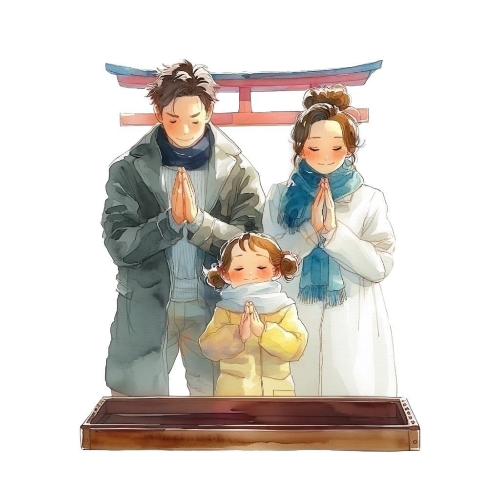 初詣に訪れた神社でお参りをしている両親と小さな娘の背景透過水彩イラスト